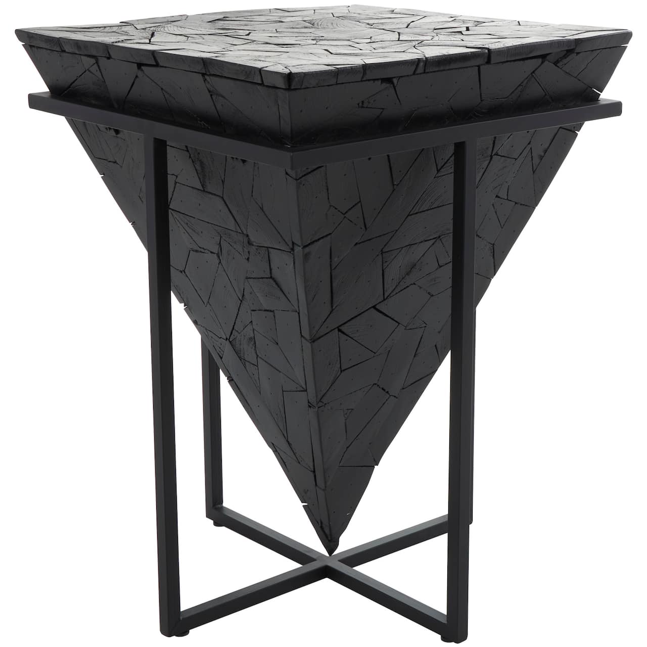 22" Black Teak Wood Geometric Handmade Inverted Pyramid Accent Table with Black Metal Base